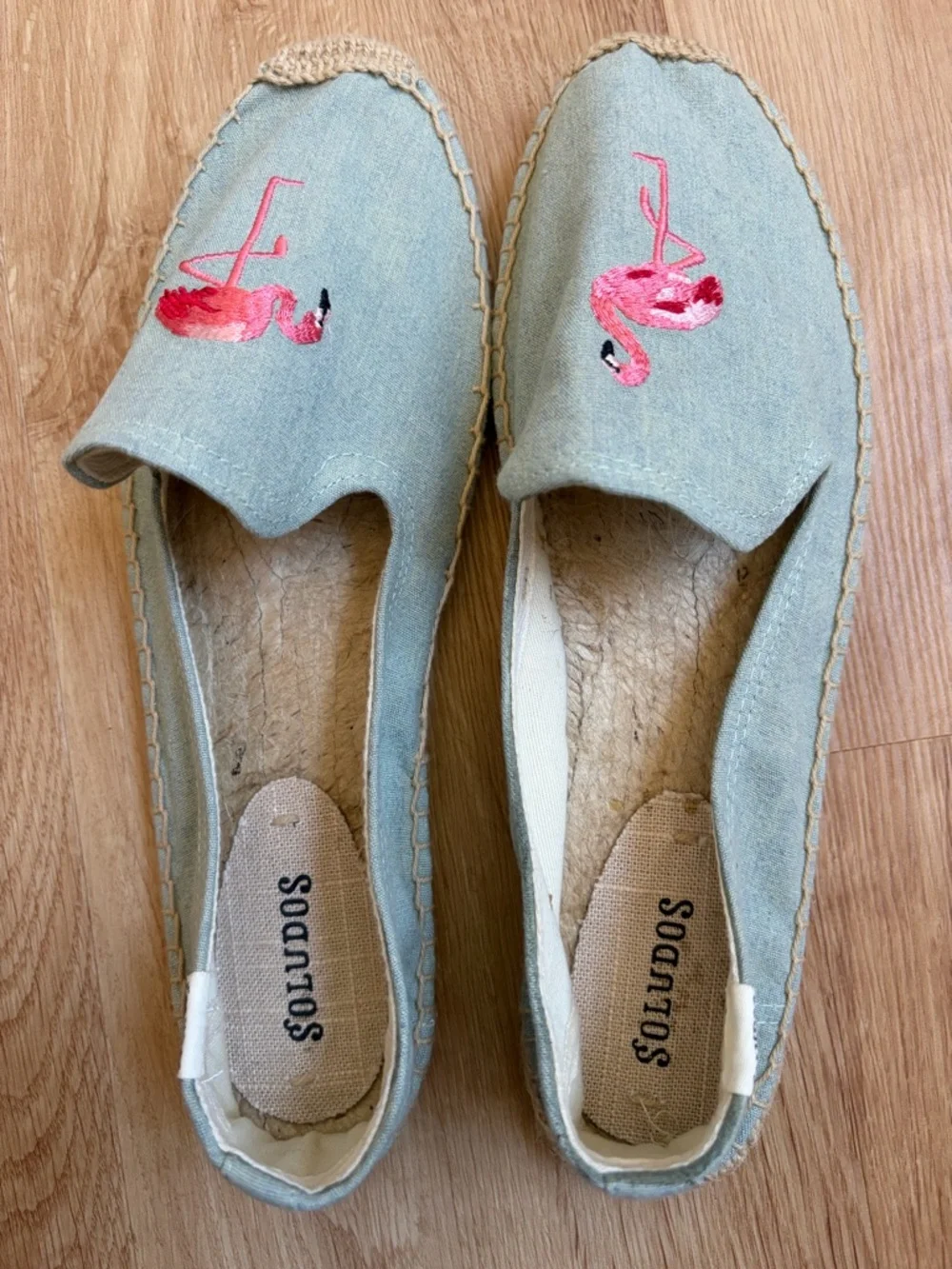 New Soludos Flamingo Embroidered Espadrilles blue pink embroidered shoes